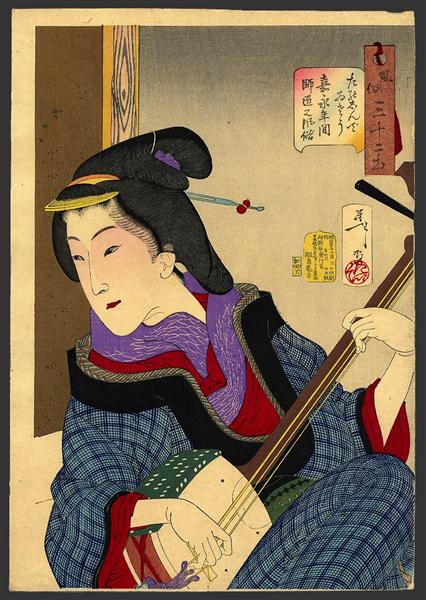 Looking as if she is enjoying herself - a teacher of the Keisei era, 1888 - Tsukioka Yoshitoshi