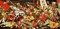 Tokugawa with help from the Jodo monks of the Daijuji temple in Okizaki, defeats the Ikkō ikki at the battle of Azukizaka - Цукуока Йосітосі