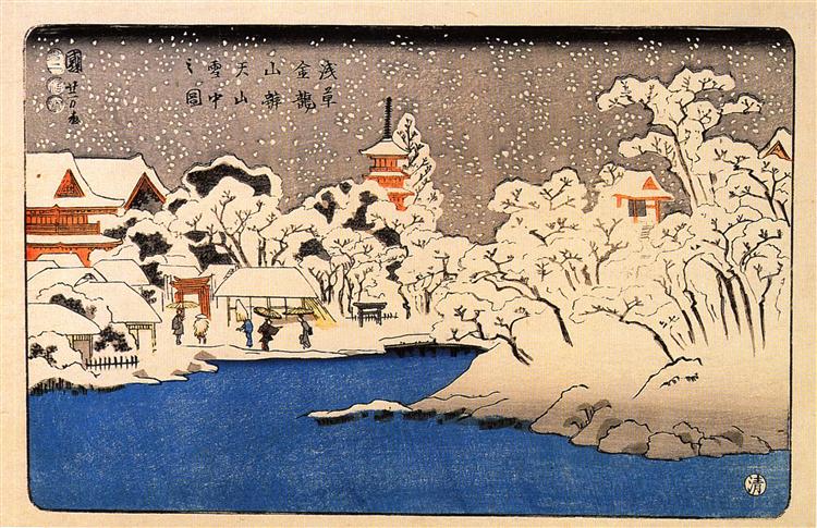 A Snowstorm at Kinryozan Temple - Утагава Куниёси