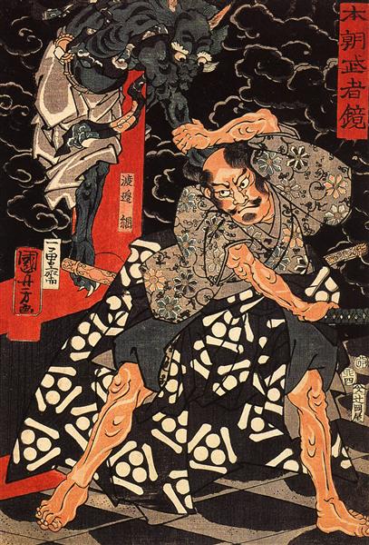 Watanabe Tsuna fighting the demon at the Rashomon - Utagawa Kuniyoshi