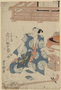 Actor Ichikawa Ebijuro, seated on floor with shamisen at his feet - 歌川豐國