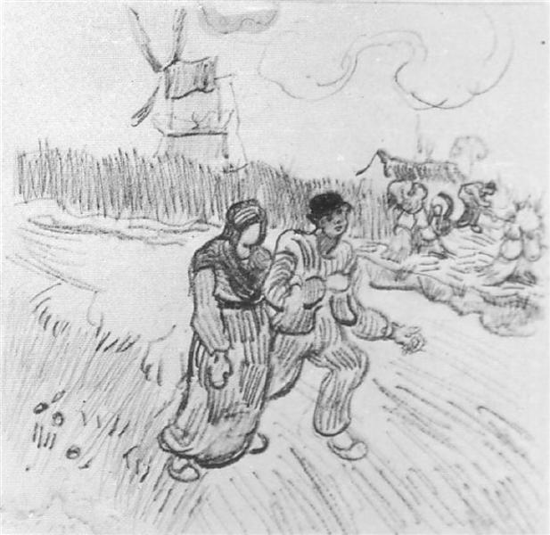 Couple Arm in Arm and Other Figures, with a Windmill in the Background, 1890 - 梵谷