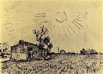 Field with Houses under a Sky with Sun Disk - 梵谷