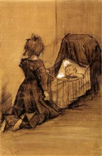 Girl Kneeling by a Cradle - 梵谷