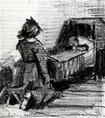 Girl Kneeling in Front of a Cradle - 梵谷