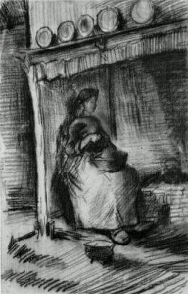 Interior with Peasant Woman Sitting near the Fireplace, 1885 - 梵谷