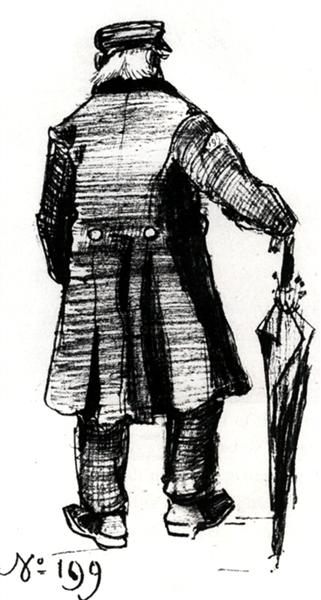 Orphan Man with Long Overcoat and Umbrella, Seen from the Back 2, 1882 - 梵谷