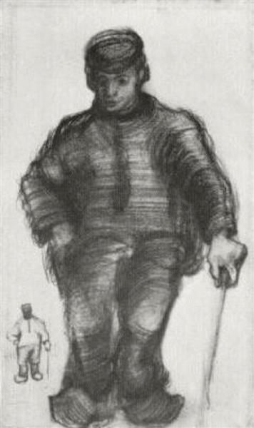 Peasant with Walking Stick, and Little Sketch of the Same Figure, 1885 - 梵谷