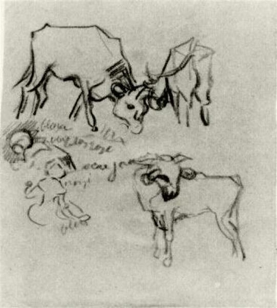 Sketch of Cows and Children, 1890 - Винсент Ван Гог