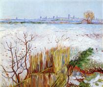 Snowy Landscape with Arles in the Background - 梵谷