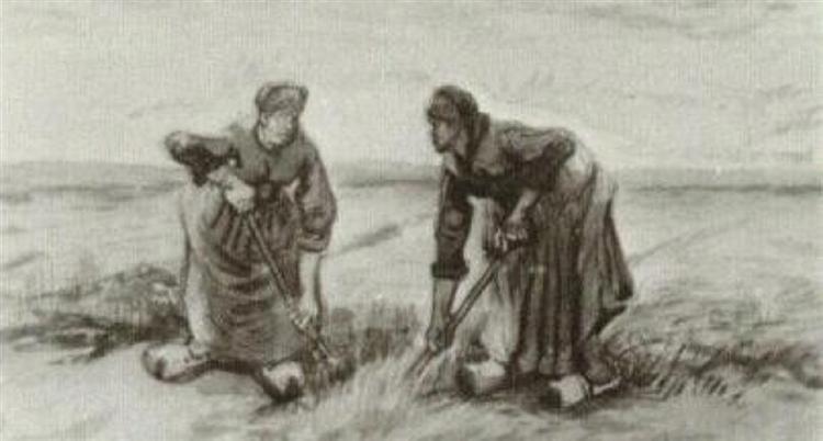 Two Women Talking to Each Other While Digging, 1885 - 梵谷