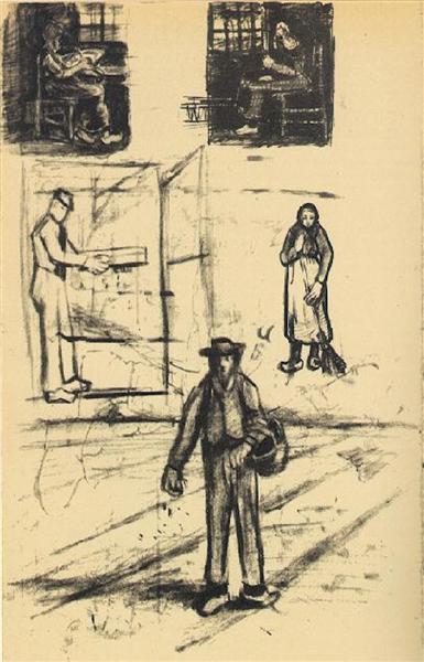 Woman near a Window twice, Man with Winnow, Sower, and Woman with Broom, 1881 - Vincent van Gogh