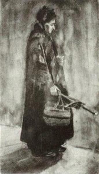 Woman with Shawl, Umbrella and Basket, 1882 - 梵谷