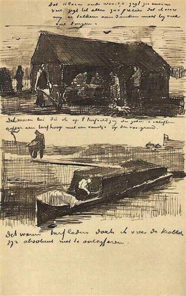Workman beside a Mound of Peat, and a Peat Boat with Two Figures, 1883 - 梵谷