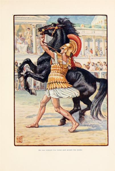 He ran toward the horse and seized the bridle - Walter Crane