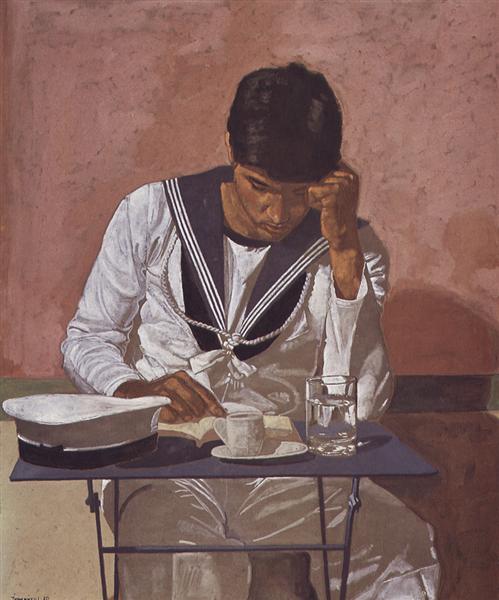 Mariner reading on pink background - Yiannis Tsaroychis