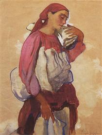 A peasant woman with rolls of canvas on her shoulder and in her hands - Zinaida Serebriakova