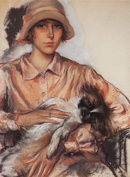 Portrait of a Lady I. Whelan with a Lapdog, 1926 - Sinaida Jewgenjewna Serebrjakowa