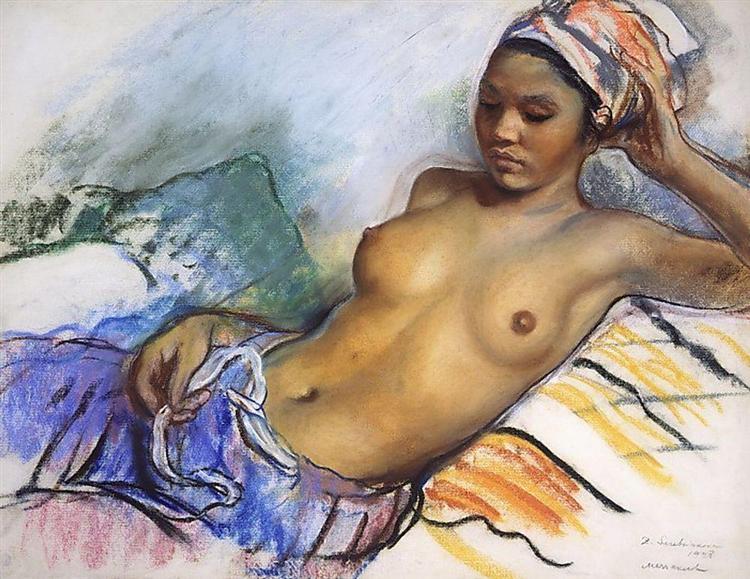 Лежача оголена з вишневою мантією, 1928 - Зінаїда Серебрякова
